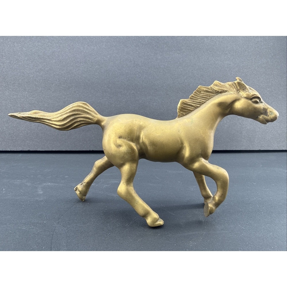 Vintage Solid Brass Galloping Horse Figurine Running Stallion Equestrian MCM